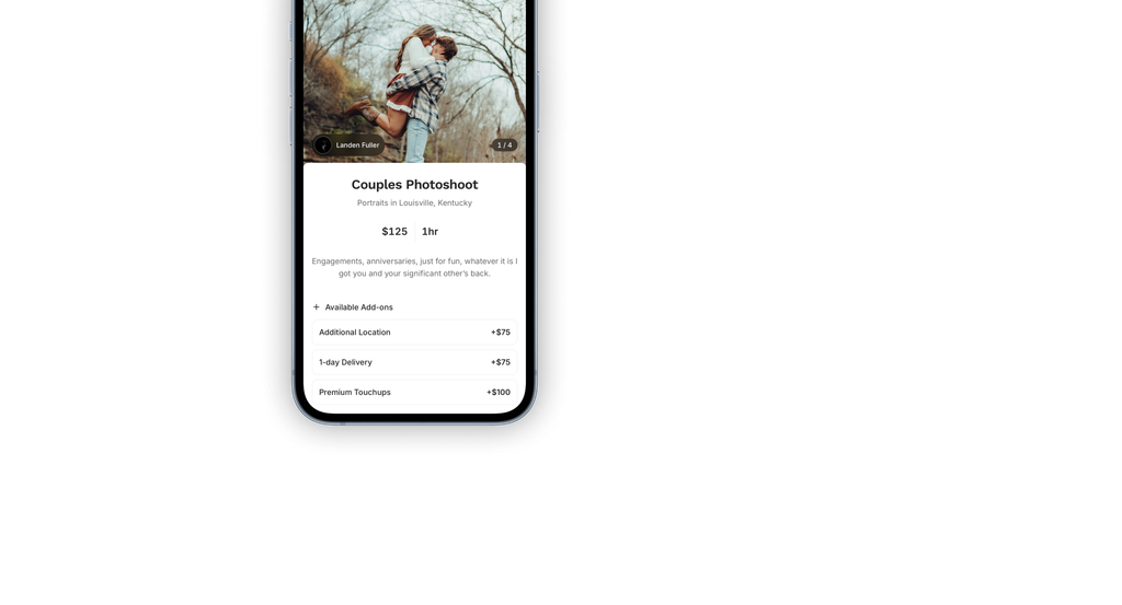 Couples photoshoot booking screen on mobile