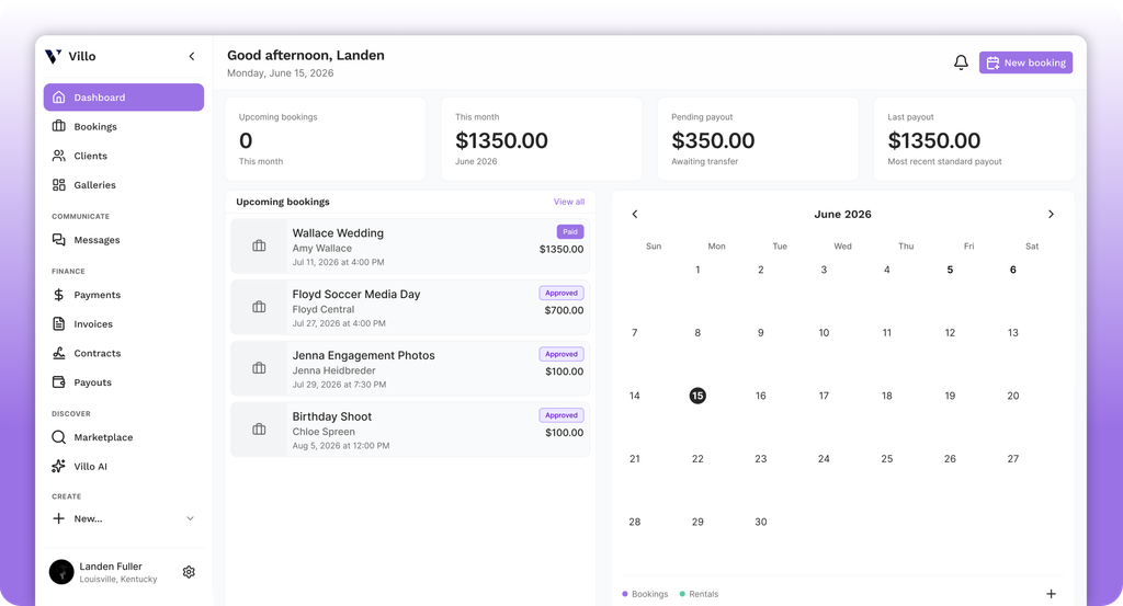 Villo dashboard with bookings, revenue stats, upcoming sessions, and calendar