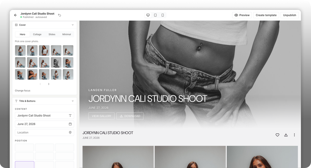 Villo gallery editor with hero cover layout, title overlay, and photo grid